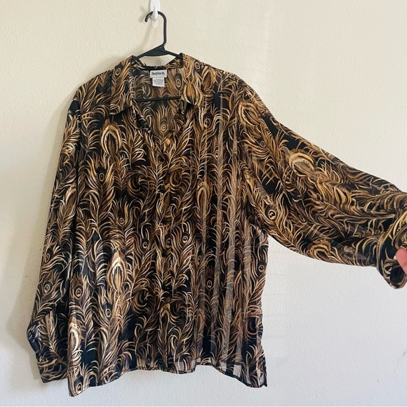 BonWorth woman’s long sleeve button down size XL gold  elegant semi sheer top - Picture 2 of 10